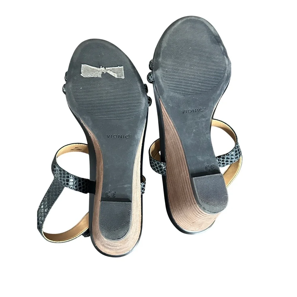 Vionic Emmy Lizard Embossed Wedge Sandals Black Strappy Heels Women 10M
